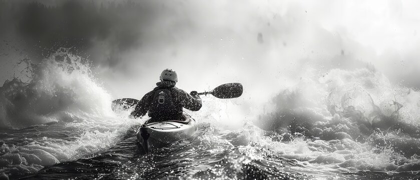 Man kayaking on a stormy river. Black and white image