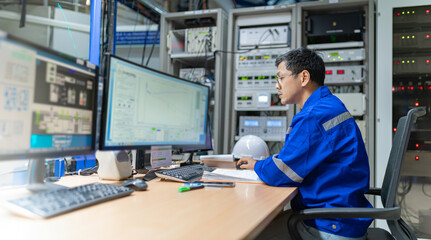Engineer working at control room,Manager control system,Technician man monitoring program from a...