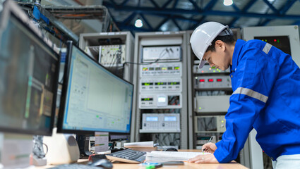 Engineer working at control room,Manager control system,Technician man monitoring program from a lot of monitor