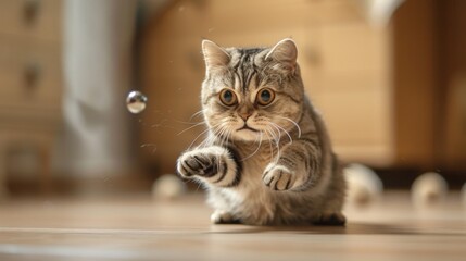 A round-bellied cat eagerly pouncing on a laser pointer dot, showcasing the spirited enthusiasm of chubby cats during playtime.