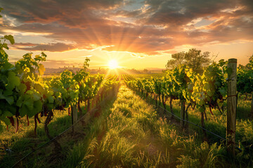 vineyard with beautiful sunset sky on the background