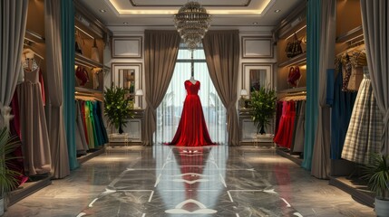 A long room with a red dress on a mannequin