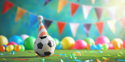 Celebration background. Soccer football ball with a birthday party hat. Sports kid child birthday party celebration concept graphic banner with copy space place for text