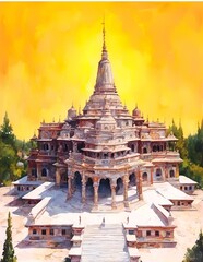 AI generated illustration of a watercolor painting of an Indian temple with figures on steps