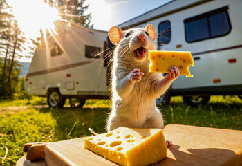 Rat eating cheese next to camping trailer rv - obrazy, fototapety, plakaty