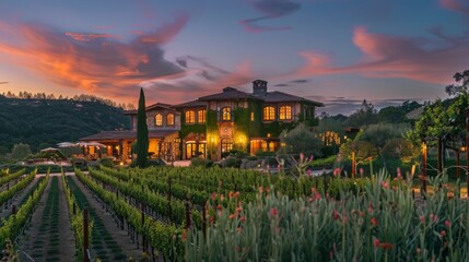 A rustic vineyard bathed in the warm glow of twilight, inviting wine enthusiasts to indulge in tastings and tours.