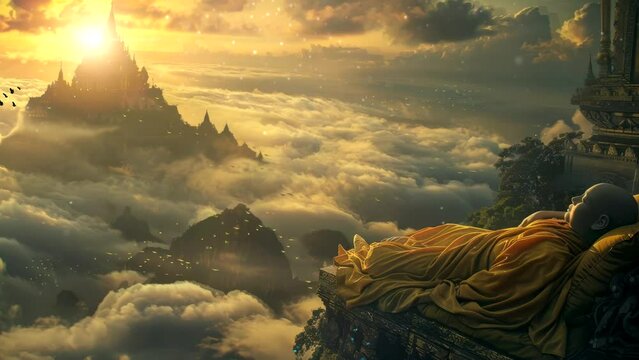 Heavenly Encounters: Giant Buddha Statue Amidst Breathtaking Sky Vistas. Seamless looping time-lapse virtual 4k video animation background
