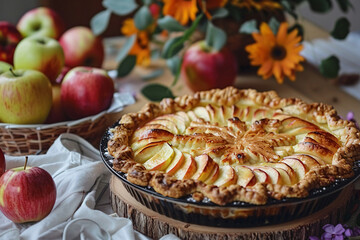 Apple pie with apples on the wooden table