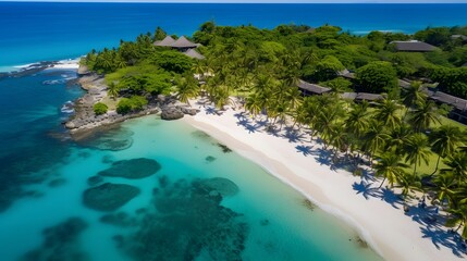 Aerial view of beautiful tropical island with white sand beach and turquoise sea