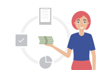 Vector illustration of a working woman extending her right hand to introduce the closed-loop process of making money