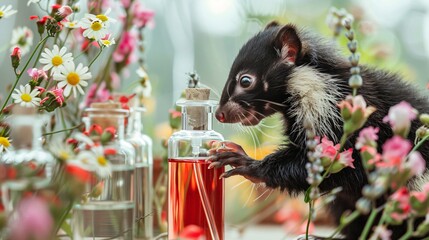 Skunk in a perfume lab humorously concocting the worlds most surprisingly delightful scents