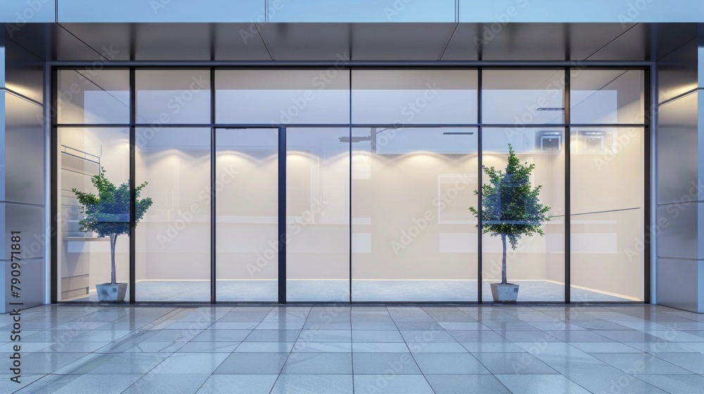 Poster a large glass window with two potted plants in front of it