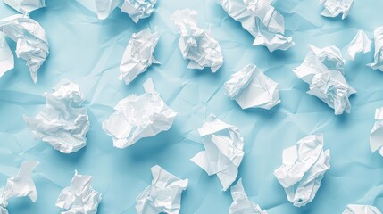 Tightly crumpled white paper on a smooth pastel blue backdrop, emphasizing themes of recycling, waste reduction, and the impact of paper use