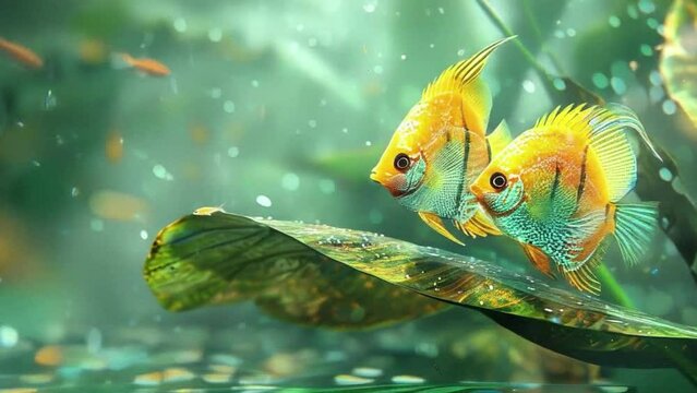 Two fish swimming in a pond with a leaf on the water 4K motion