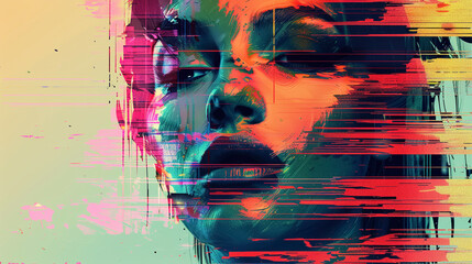 Colorful Distorted Stripes, Abstract Glitch Art with Human Face