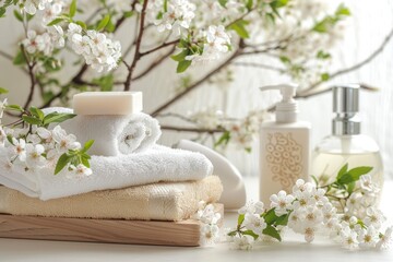 Serene spa bathroom scene with toiletries, soap, and towel on soft white background