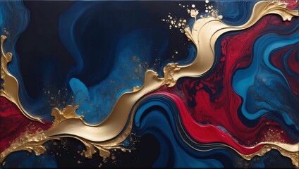 Regal fluid tableau, Midnight blue and crimson alcohol ink with glistening gold paint strokes, resembling the opulence of a royal tapestry unfurled over water textured with marble veining.