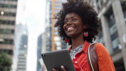 Woman Smiling with Tablet in City - obrazy, fototapety, plakaty