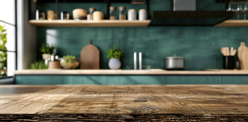 Wooden light empty countertop on the background of a modern green kitchen, kitchen panel with accessories in the interior. Scene showcase template for promotional items, banner, copy space