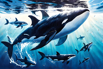 family of killer whales plays in the ocean waves on a sunny day underwater. World Whale Day.