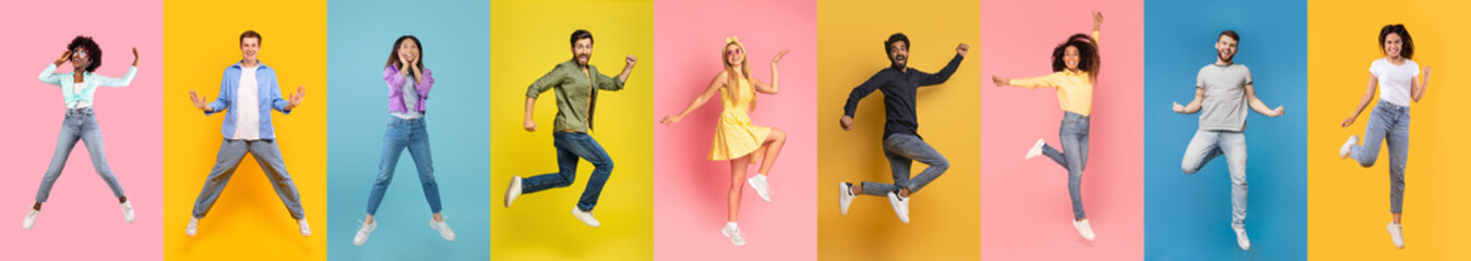 Dynamic Group of Young Adults Jumping Against a Vibrant Multicolored Background
