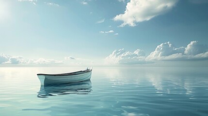 A serene seascape with a lone rowboat drifting peacefully on the glassy surface of the ocean, inviting contemplation and relaxation. - obrazy, fototapety, plakaty