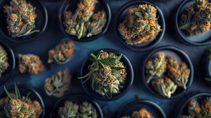Cones of marijuana flowers rest on scales in a close up top view - Powered by Adobe