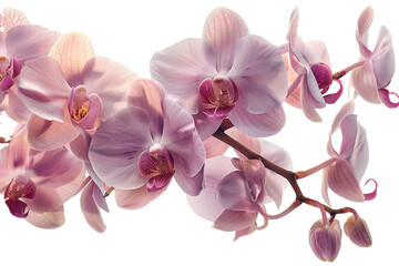 A delicate orchid with soft pink petals, captured mid-bloom. Isolated on transparent background,...