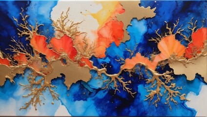 Regal tableau, Cobalt blue and vibrant coral alcohol ink with golden paint splashes, conjuring visions of a tropical sunset on marbled canvas.