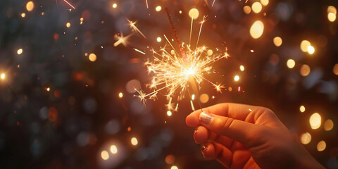 Woman holds in hand burning fire sparkle. Celebrating new year, christmas or anniversary. Close-up hand holding burning firework at night. Holiday travel celebration event