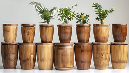 wooden bowls on a wooden table with a plant in the background - Powered by Adobe