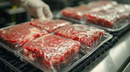 Packaging red meat, showing the bags being tightly sealed in clear plastic wrap