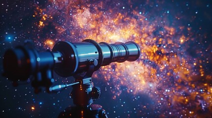 Telescope in the foreground, with a backdrop of the night sky filled with twinkling stars - obrazy, fototapety, plakaty
