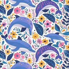 Lovely, pretty pattern of whales and flowers, leaves. For fabric, silk, printing.
