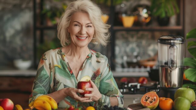 Smiling Woman Holding Fresh Apple