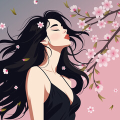 Vector illustration of a young beautiful woman with long black hair under a branch of blossoming sakura.
