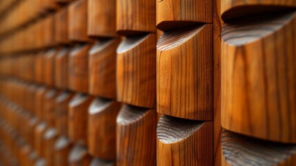 Close-up of brown wooden acoustic panels arranged in a minimalist style - obrazy, fototapety, plakaty