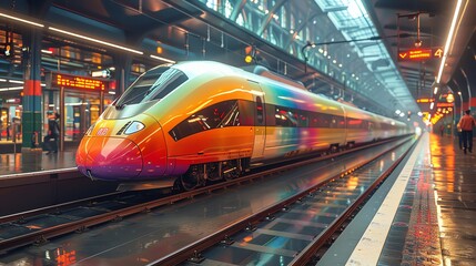 A 3D cartoon train station with a train wrapped in a rainbow decal arriving at the platform