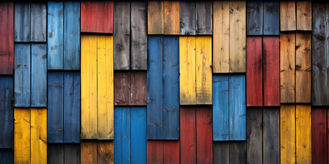 textured background of wooden planks painted in various colors, red, yellow, blue, and brown.