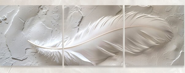 Three panel wall art displaying a marble texture with feathers that subtly transition into a twilight cityscape