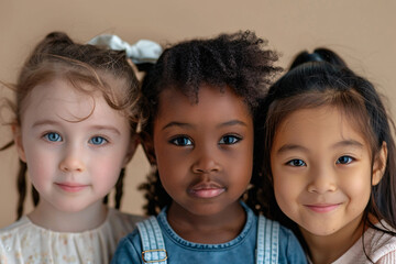 diversity and friendship concept, cute little girls, caucasian, african and asian over beige background