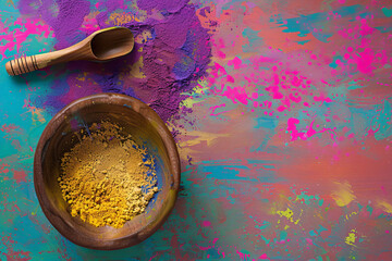 colorful powders of holi colors over colorful background with copy space