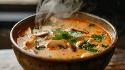A steaming hot bowl of comforting Tom Kha Gai soup, filled with tender chicken, mushrooms, and aromatic coconut milk broth.