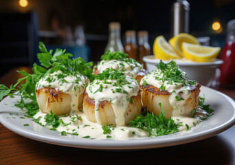 plate of scallops with white sauce and garnished with parsley