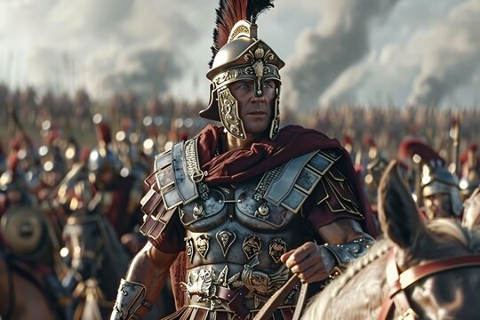 Roman general in armor riding on horseback 