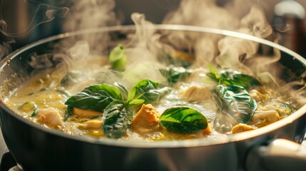 A steaming hot pot of creamy and fragrant Thai green curry bubbling with coconut milk, Thai basil, and tender chicken.