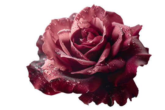 A single rose in a classic damask style, with velvety red petals and a touch of morning dew. Isolated on transparent background, png file.