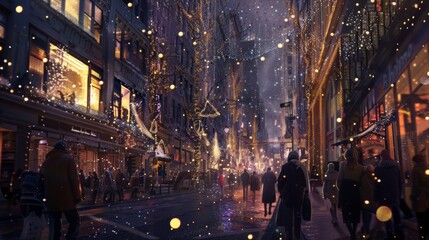 A street scene with pedestrians passing by towering buildings adorned with twinkling fairy lights, evoking a sense of urban enchantment.