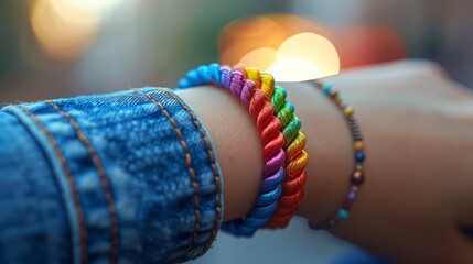 A closeup of a rainbow wristband worn by someone at a Pride event - obrazy, fototapety, plakaty