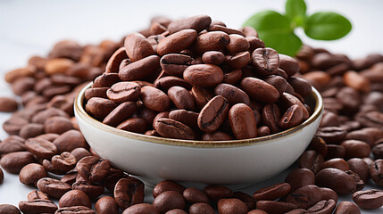 Close-up photo of a  bowl filled with roasted coffee beans inside and on the table, with a white minimalistic background